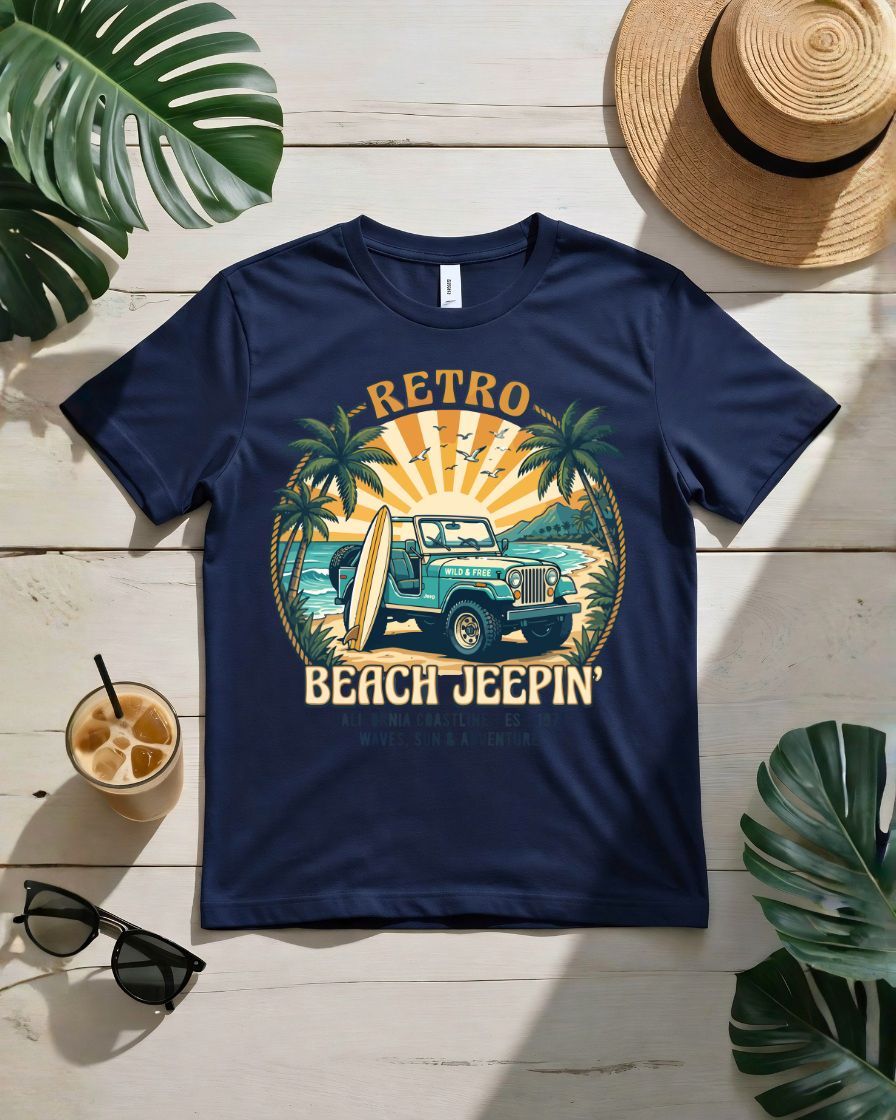 Retro beach jeepin tee vintage jeep surfboards coastal highway