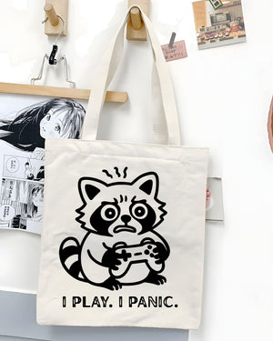 "I Play I Panic" Funny Gamer Animal Meme Tote Bag