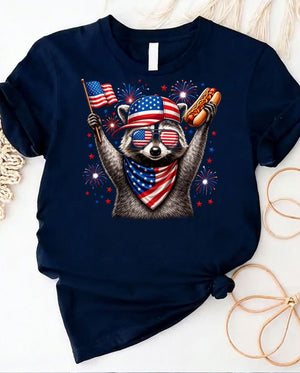 Raccoon 4th of July Tee wearing American flag sunglasses