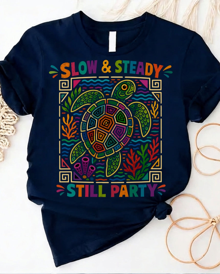 Slow and steady t-shirt with determined turtle crossing finish line design