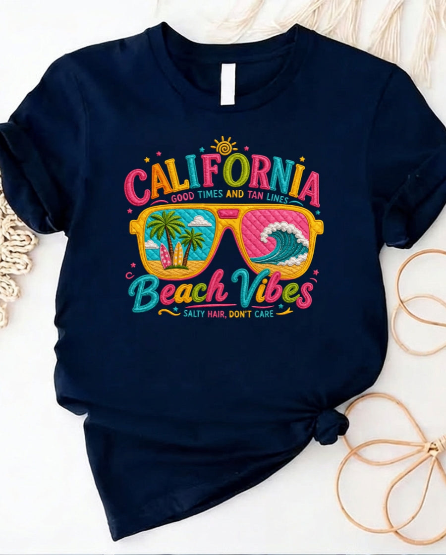 California beach vibes t-shirt with retro camper van graphic