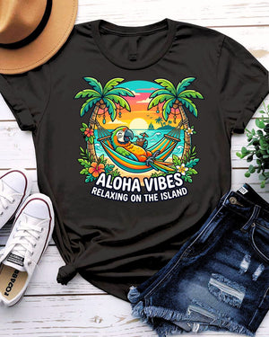 Aloha vibes relaxing on island tee hammock palm tree graphic