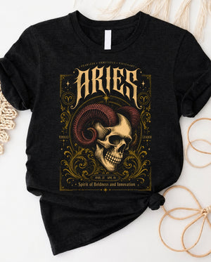 Aries skull gothic zodiac ram t-shirt with detailed ram skull and smoky archwork
