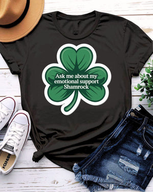 Ask Me About My Emotions St. Patrick's Day Tee with crying pint glass on model