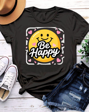 Be happy design tee smiling sun with cheerful lettering