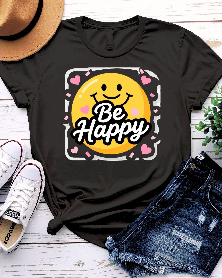 Be happy design tee smiling sun with cheerful lettering