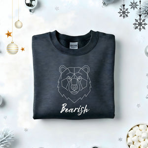 Bearish Typographical Embroidered Sweatshirt – funny grumpy mood sweatshirt with minimalist embroidered text, soft unisex fleece pullover from Memez.Store, perfect for market traders, hibernation lovers, and bearish vibes.