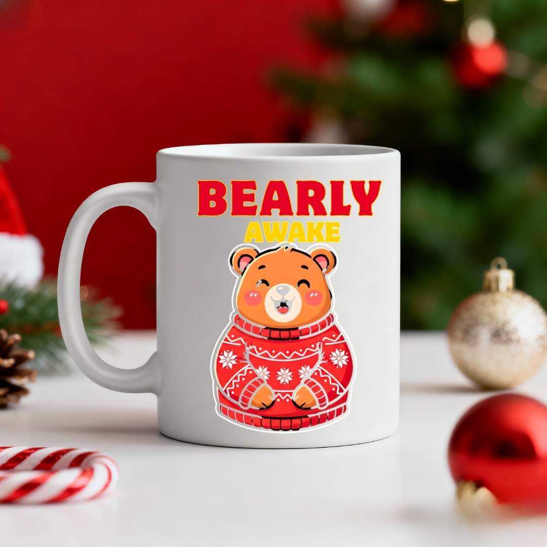 Bearly Awake Christmas Mug – funny sleepy bear meme ceramic coffee mug for holiday mornings by Memez.Store.