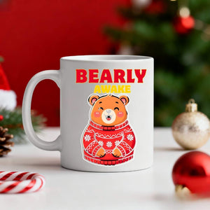 Bearly Awake Christmas Mug – funny sleepy bear meme ceramic coffee mug for holiday mornings by Memez.Store.