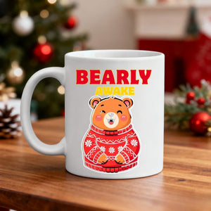 Bearly Awake Christmas Mug – funny sleepy bear meme ceramic coffee mug for holiday mornings by Memez.Store.