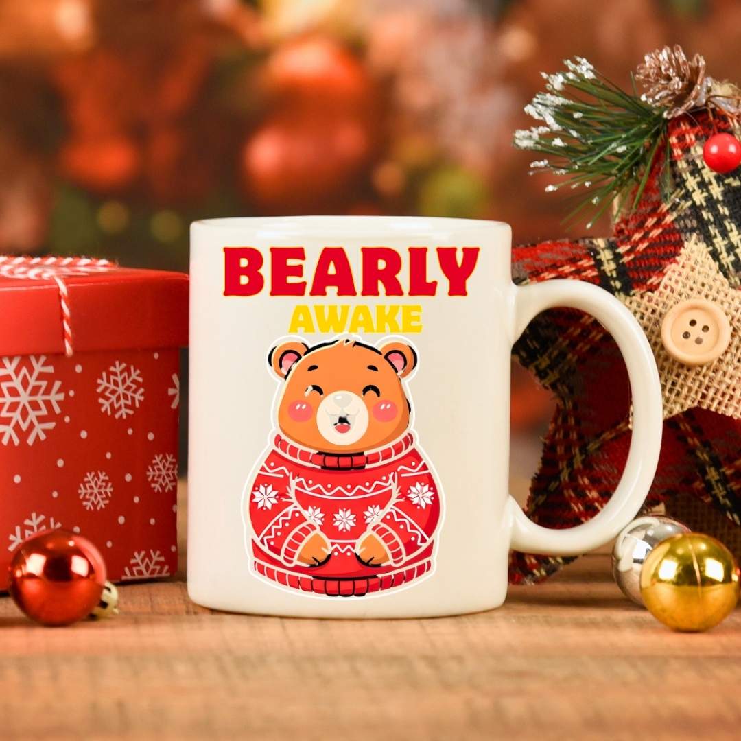 Bearly Awake Christmas Mug – funny sleepy bear meme ceramic coffee mug for holiday mornings by Memez.Store.