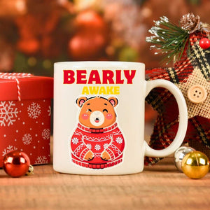Bearly Awake Christmas Mug – funny sleepy bear meme ceramic coffee mug for holiday mornings by Memez.Store.