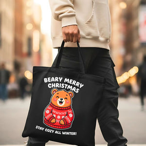 Beary Merry Christmas Tote Bag with cute bear in sweater design