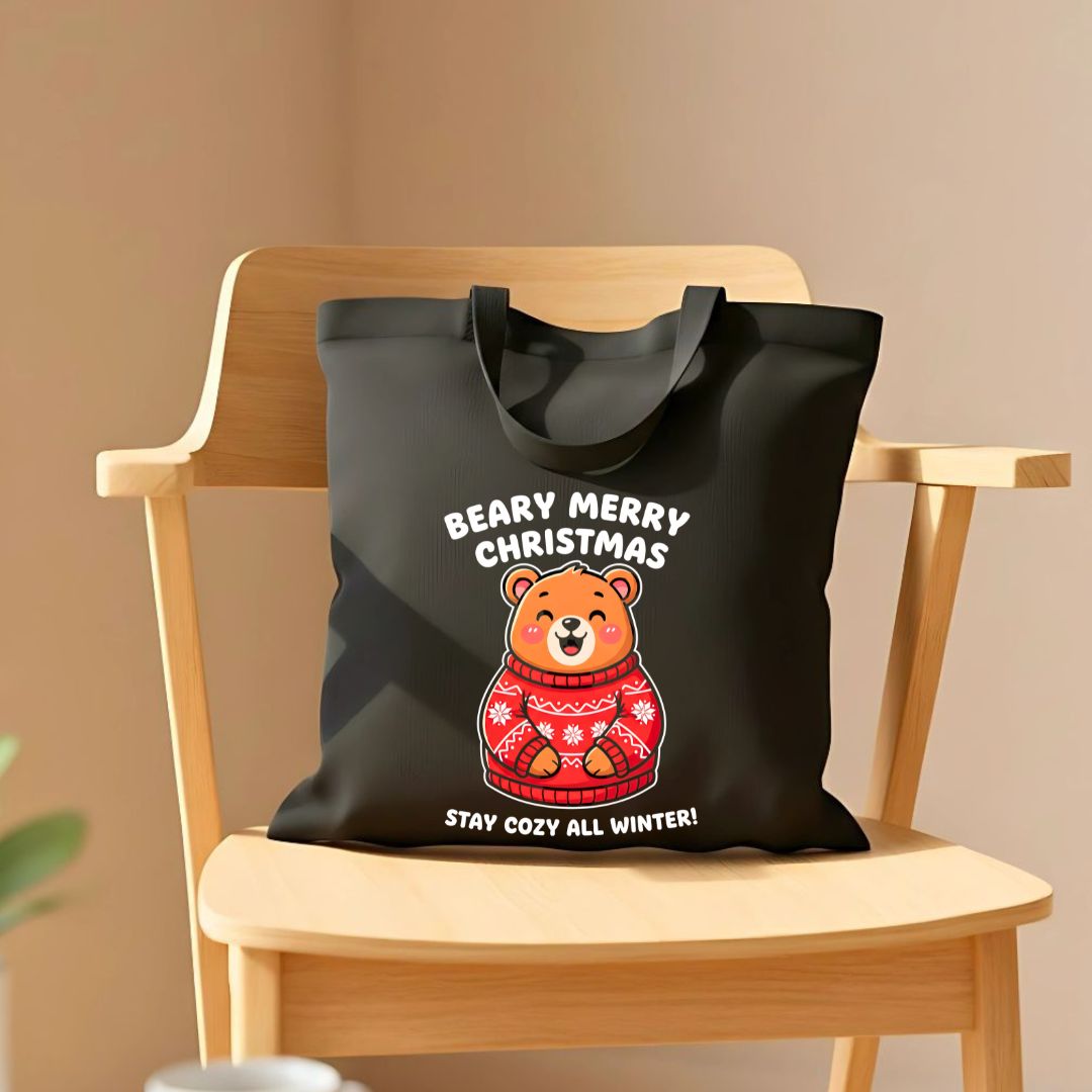 Beary Merry Christmas Tote Bag with cute bear in sweater design