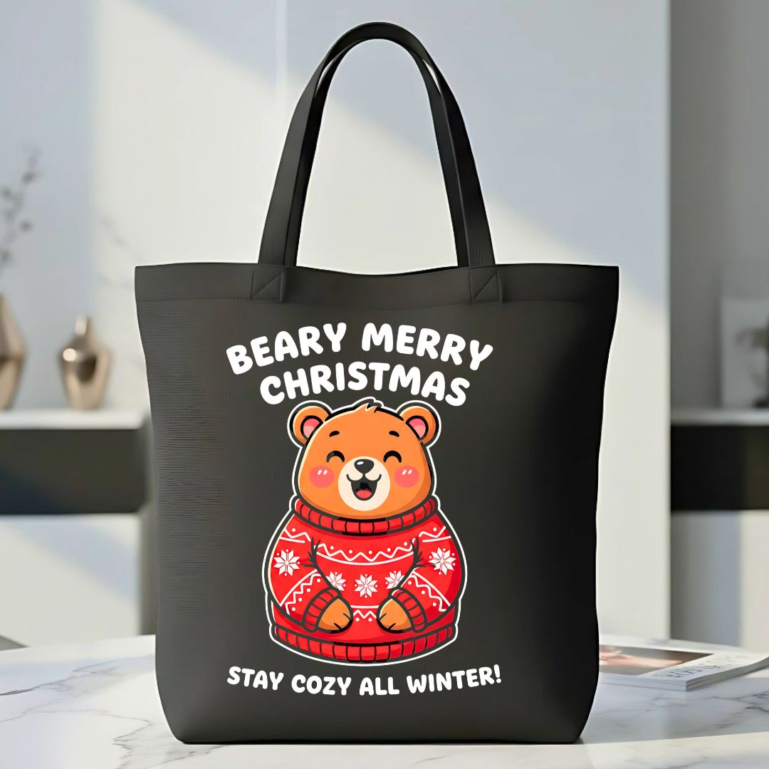 Beary Merry Christmas Tote Bag with cute bear in sweater design