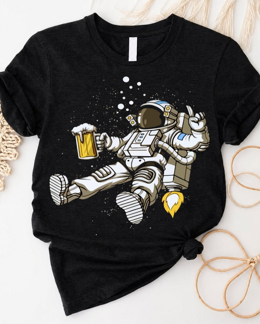 Beer in space t-shirt with retro astronaut drinking in zero gravity