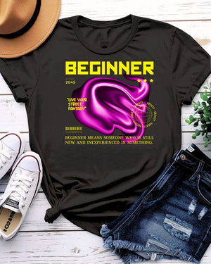 Beginner Streetwear Tee with minimalist training wheel graphic on model