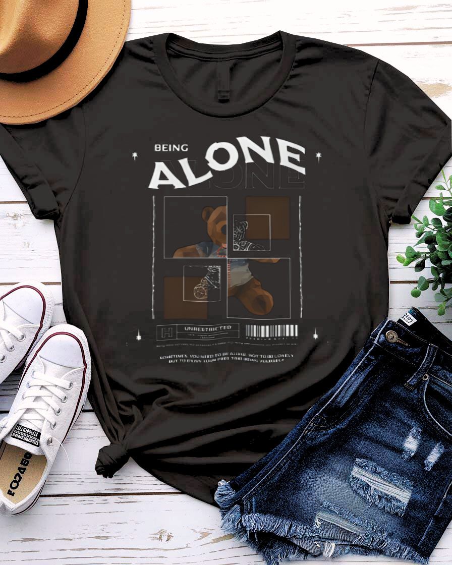 Being Alone Streetwear Tee with single figure sitting in stillness on model