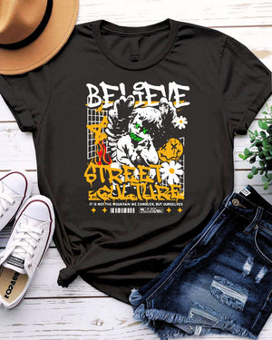 Believe Streetwear Tee with single candle flame on model