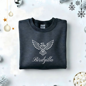 Birdzilla Typographical Embroidered Sweatshirt – minimalist embroidered unisex fleece pullover, funny meme-inspired cotton streetwear by Memez.Store.