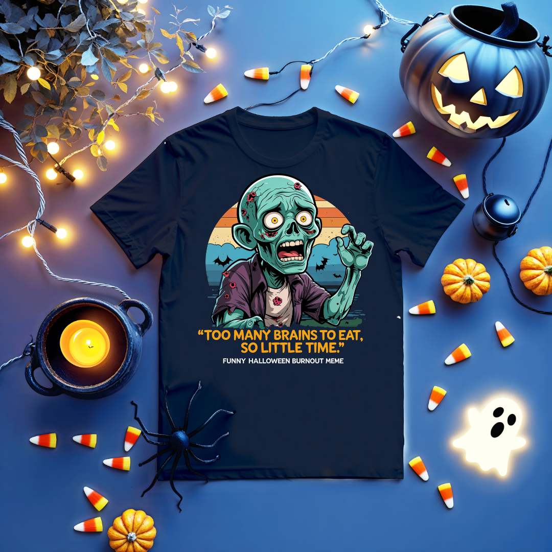 Zombie meme t-shirt with "Too Many Brains to Eat" quote