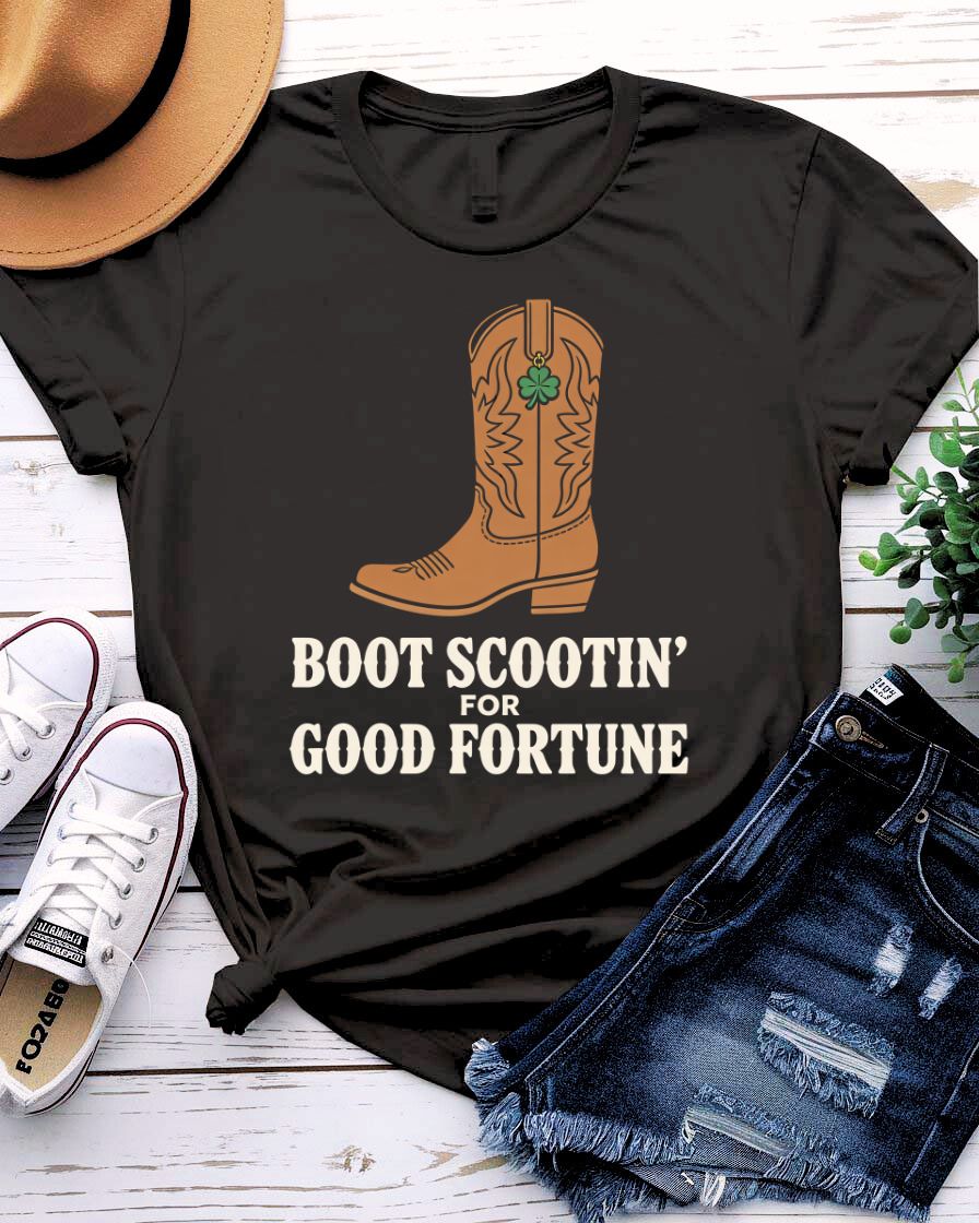 Boot Scootin' St. Patrick's Day Tee with dancing boots and shamrock trails on model