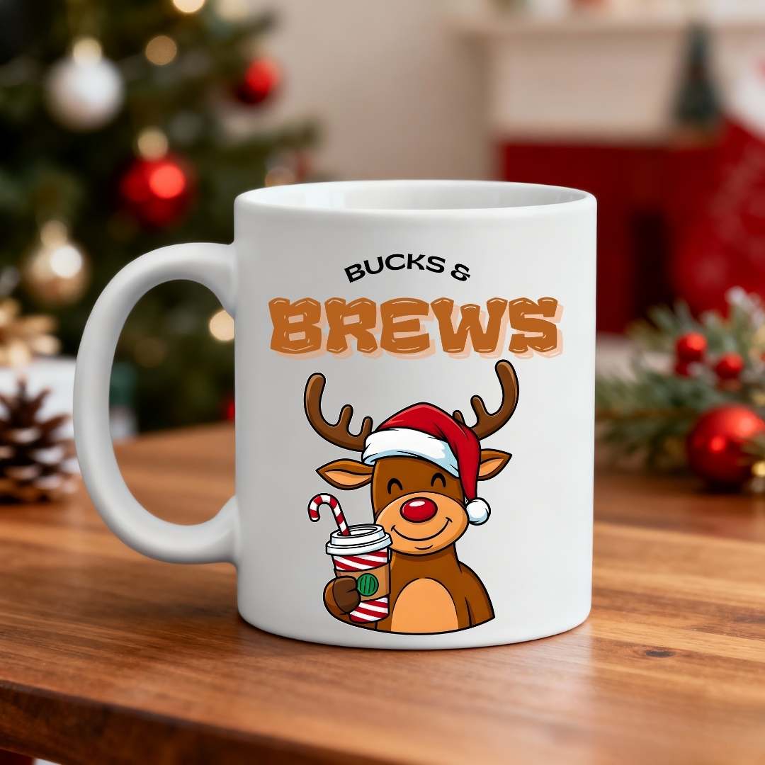 Bucks & Brew Christmas Coffee Mug – funny deer meme holiday mug for coffee lovers by Memez.Store