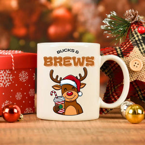 Bucks & Brew Christmas Coffee Mug – funny deer meme holiday mug for coffee lovers by Memez.Store