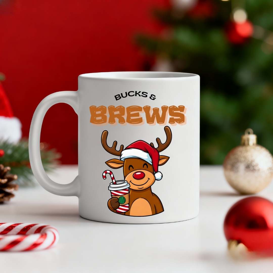 Bucks & Brew Christmas Coffee Mug – funny deer meme holiday mug for coffee lovers by Memez.Store