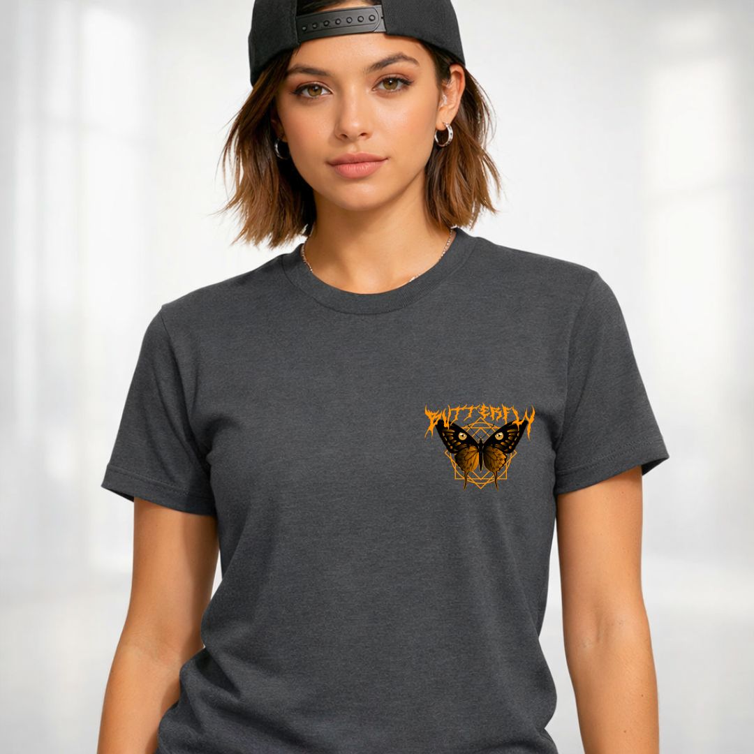 Butterfly Streetwear Tee with geometric monarch emergence on model