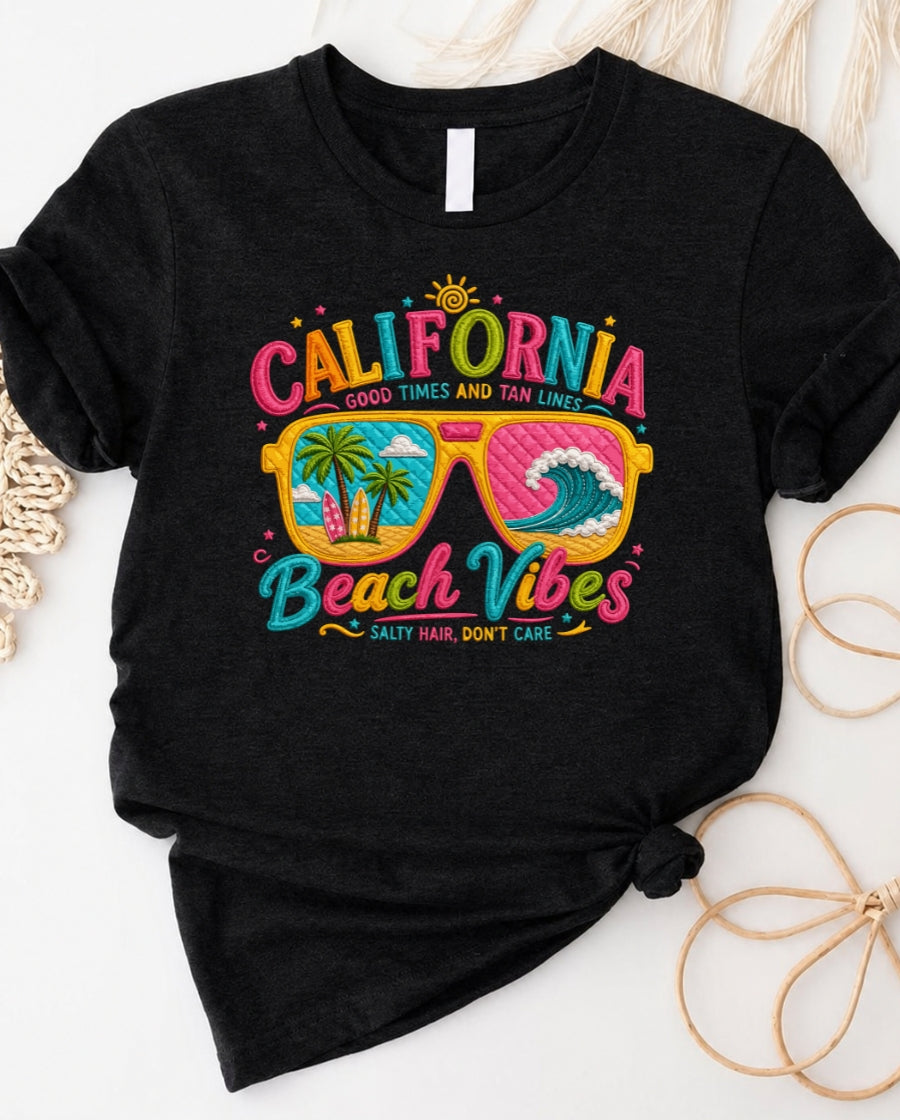 California beach vibes t-shirt with retro camper van graphic