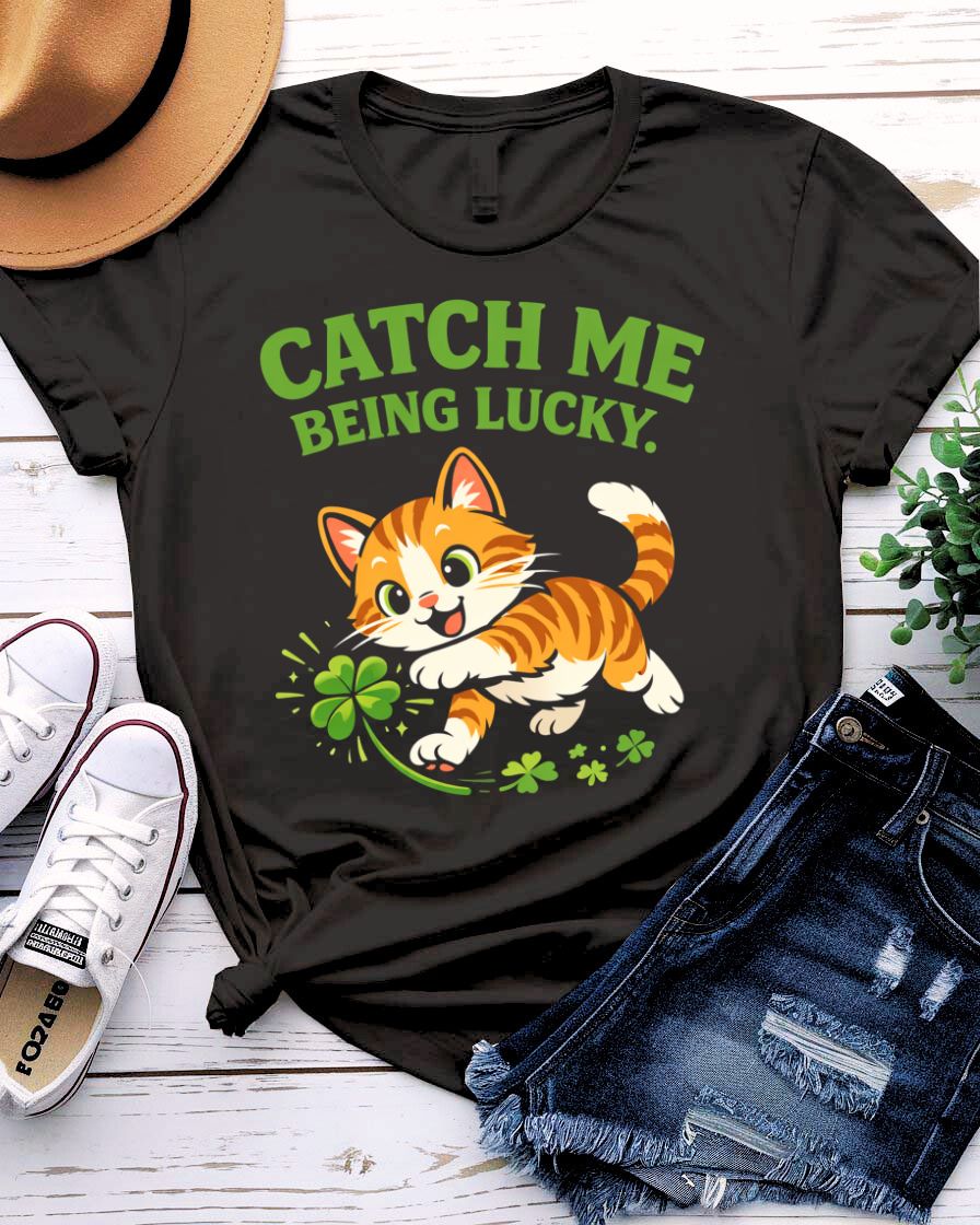 Catch Me Being Lucky St. Patrick's Day Tee with leprechaun hiding behind clover on model