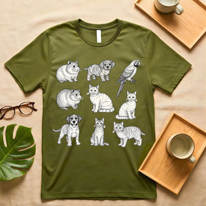 Hand drawn cat and dog line art graphic tee