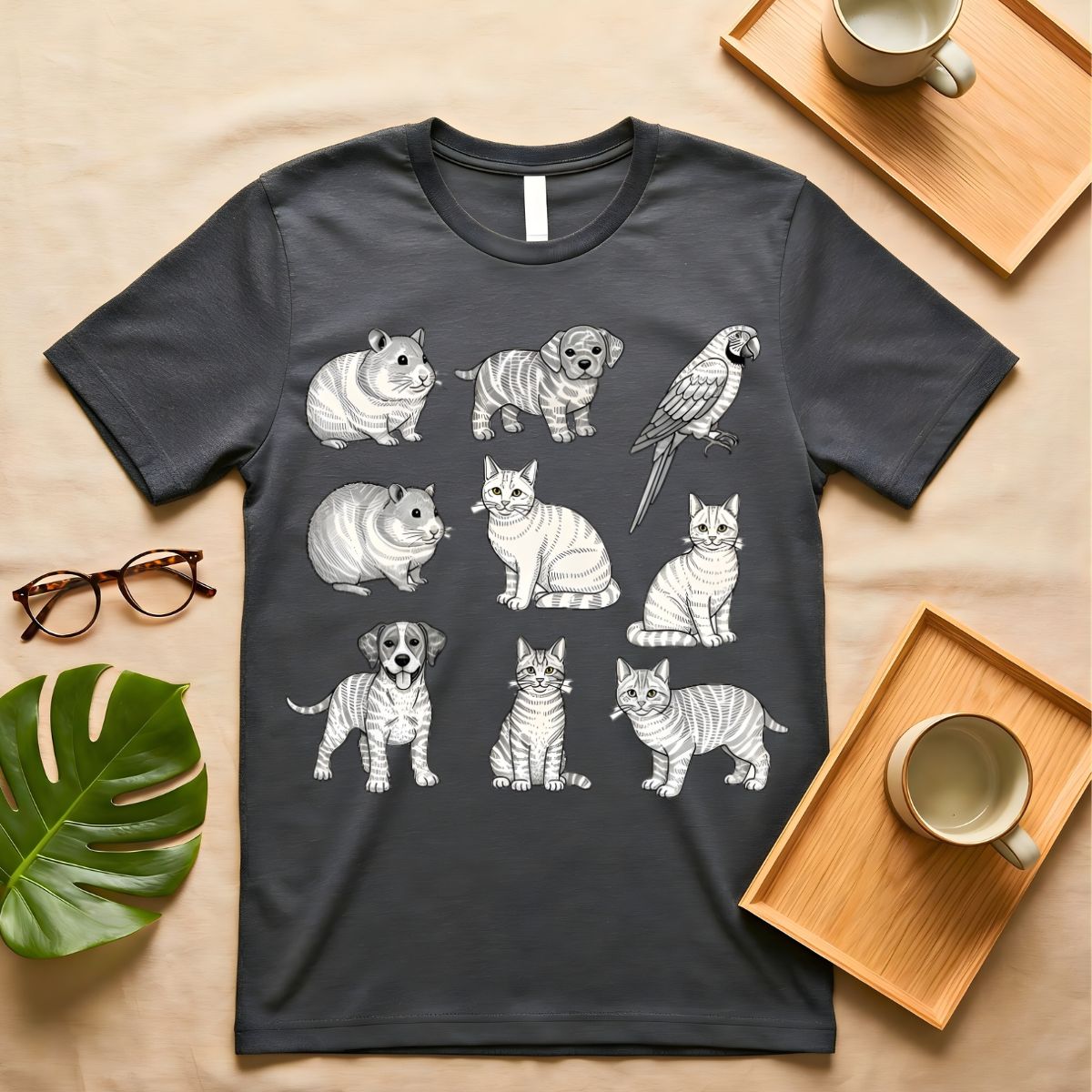 Hand drawn cat and dog line art graphic tee