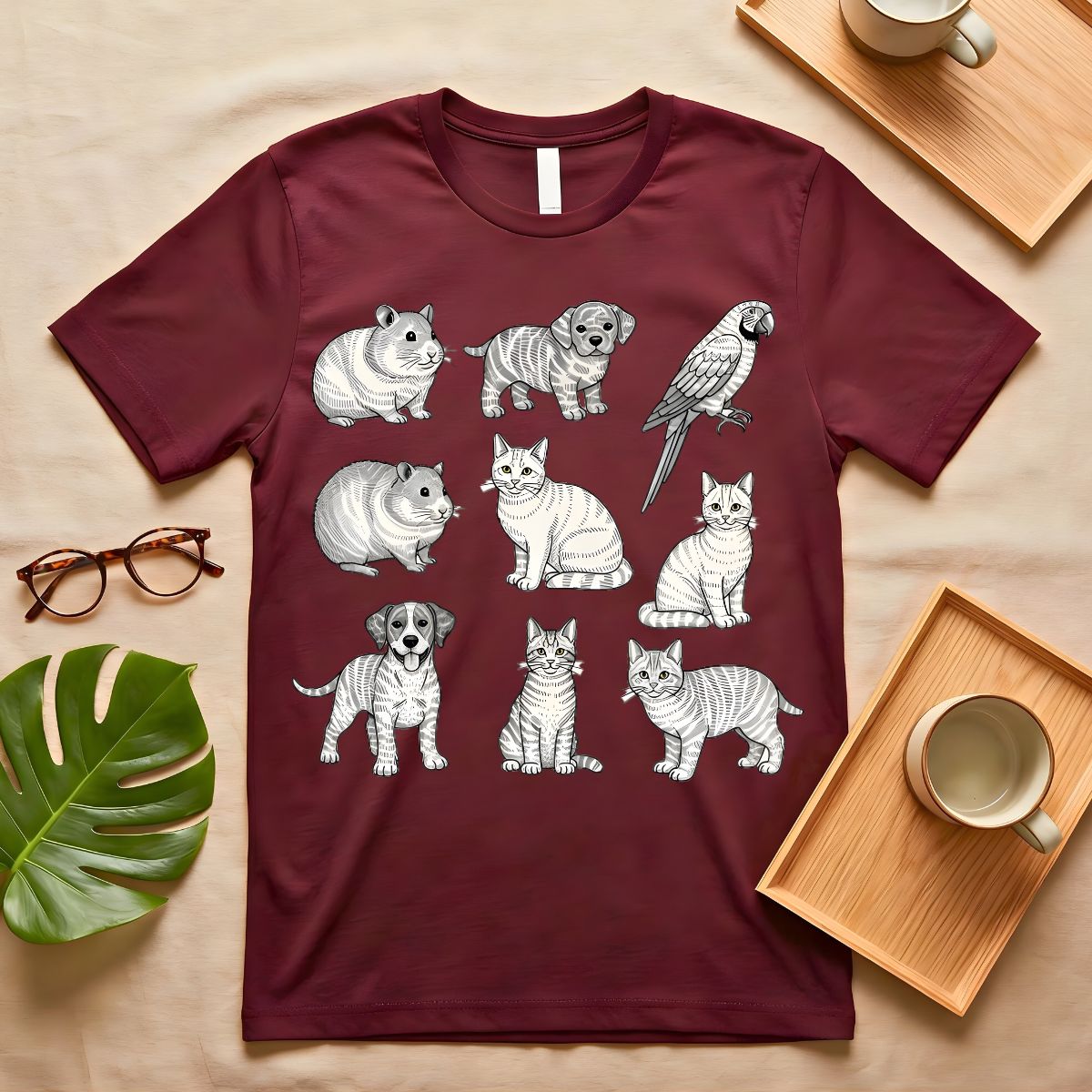 Hand drawn cat and dog line art graphic tee