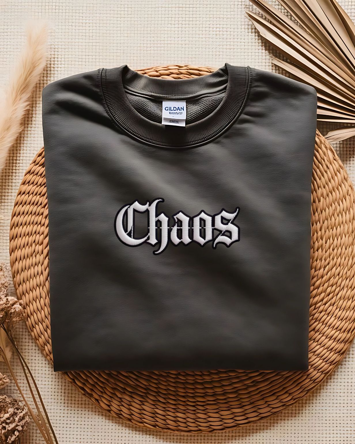 Streetwear embroidered sweatshirt with chaos text design"