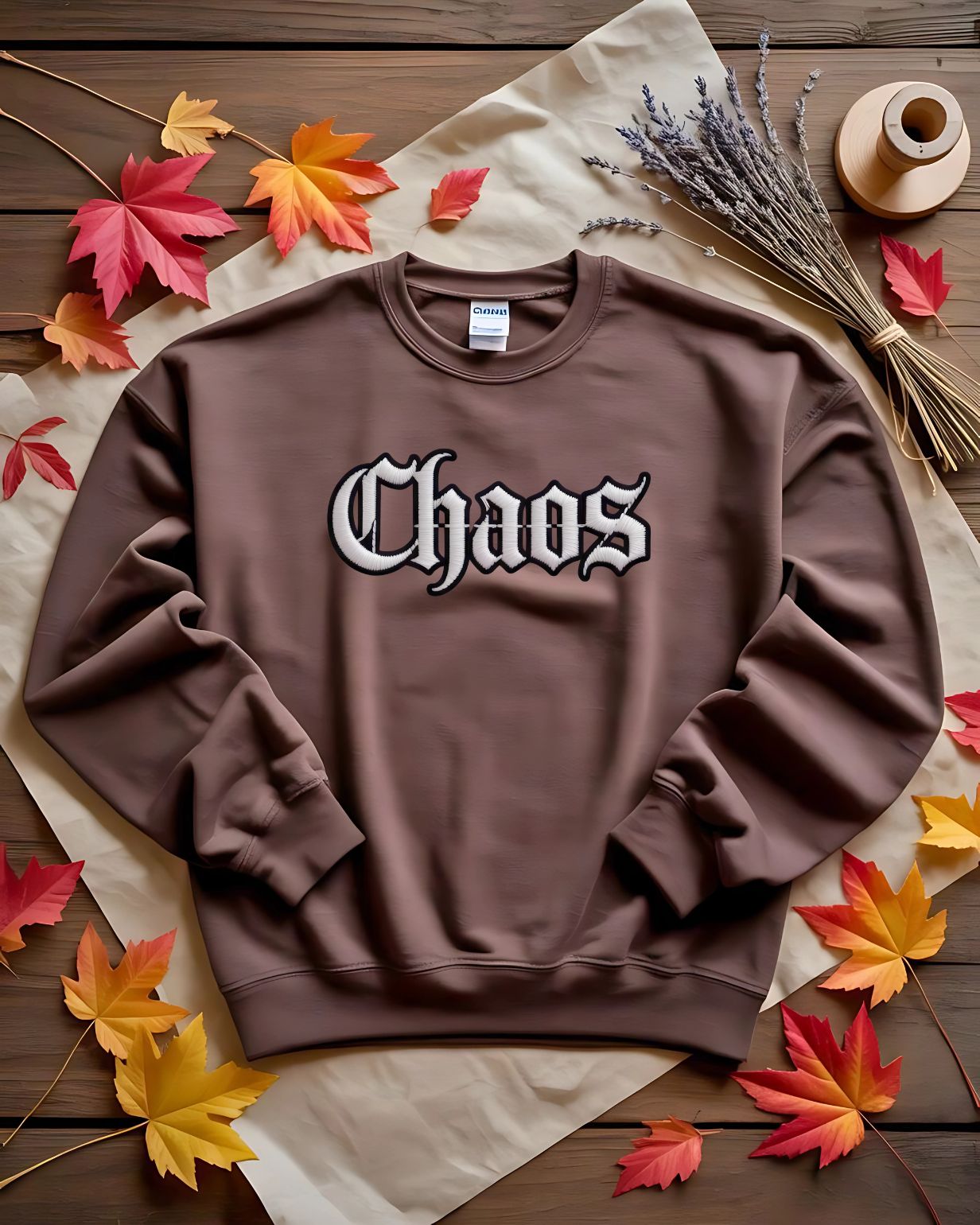 Streetwear embroidered sweatshirt with chaos text design"
