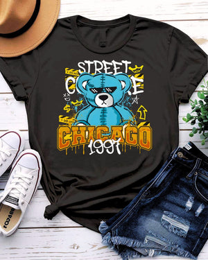 Chicago 1997 Streetwear Tee with retro skyline graphic on model