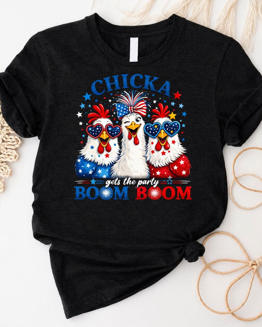 Chicka boom boom 4th of july tee with playful rooster and fireworks graphic