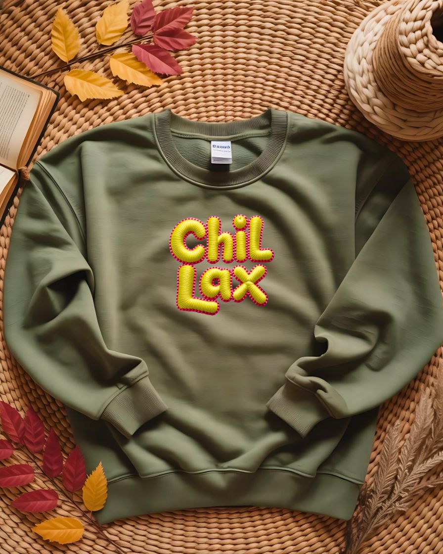 Cozy embroidered Chillax meme sweatshirt for lounging