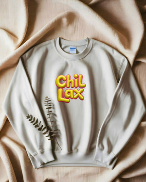 Cozy embroidered Chillax meme sweatshirt for lounging