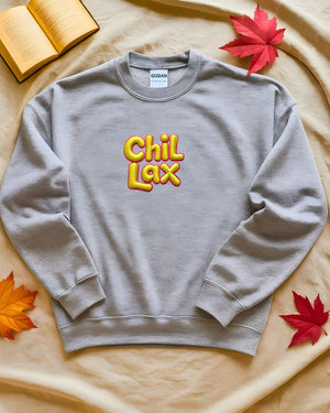 Cozy embroidered Chillax meme sweatshirt for lounging