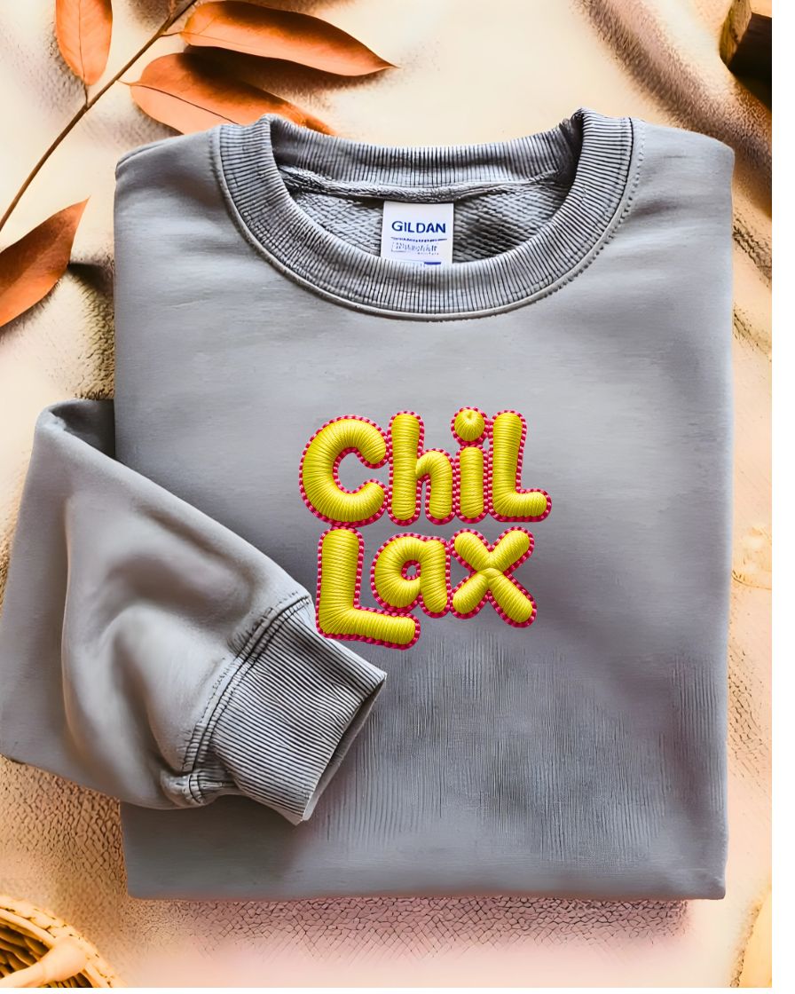 Cozy embroidered Chillax meme sweatshirt for lounging