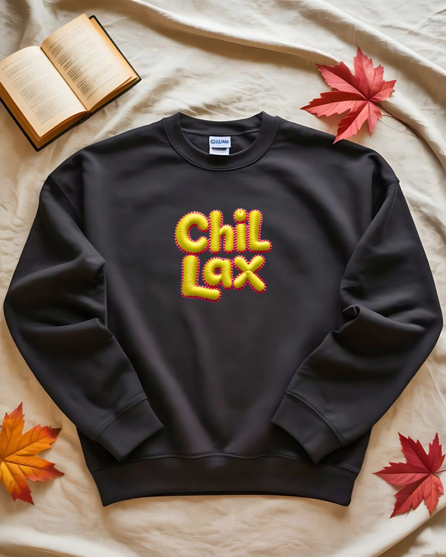 Cozy embroidered Chillax meme sweatshirt for lounging