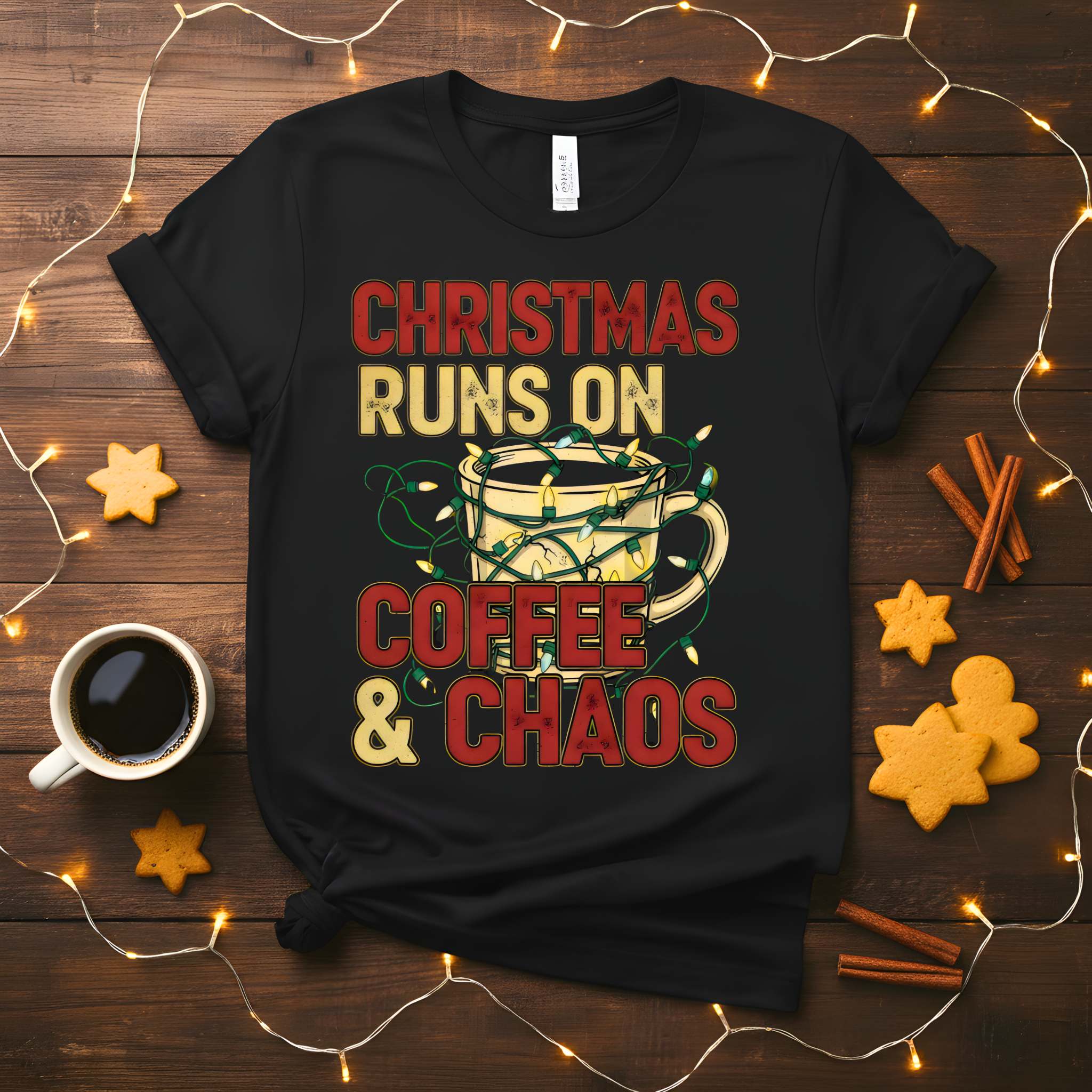 Christmas Runs on Coffee &amp; Chaos Meme Funny Tee – funny holiday t-shirt with festive coffee humor and chaotic meme design”
