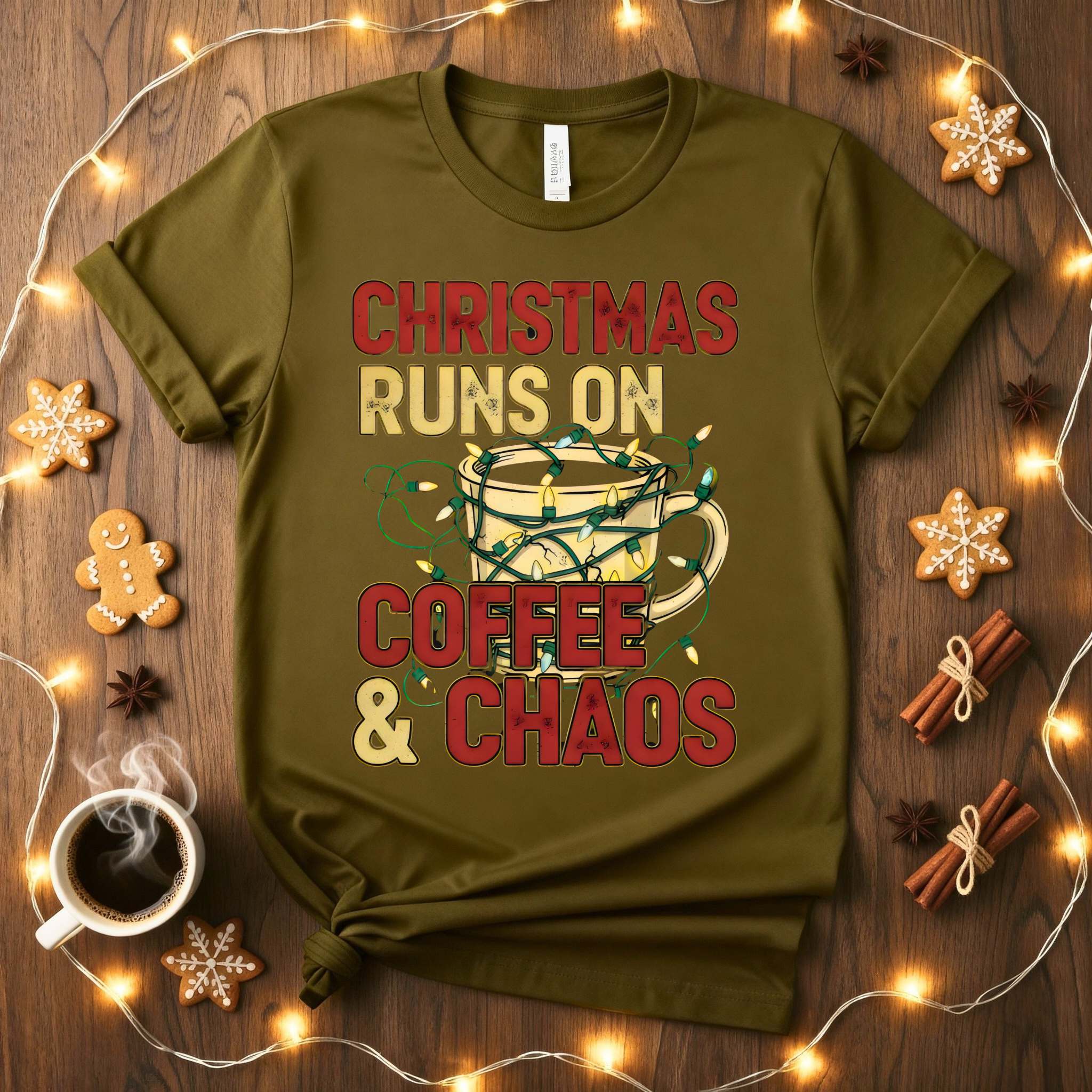Christmas Runs on Coffee &amp; Chaos Meme Funny Tee – funny holiday t-shirt with festive coffee humor and chaotic meme design”