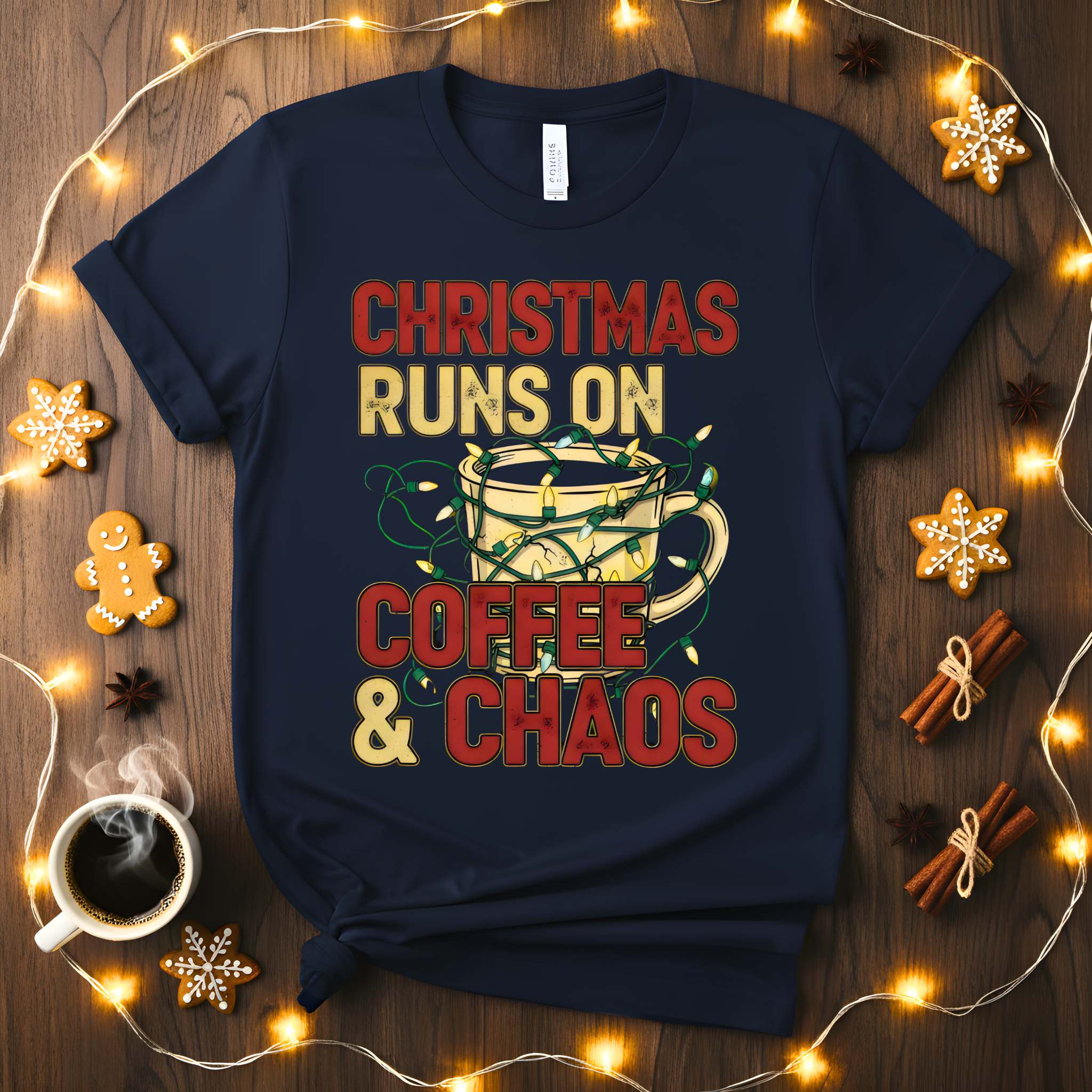 Christmas Runs on Coffee &amp; Chaos Meme Funny Tee – funny holiday t-shirt with festive coffee humor and chaotic meme design”
