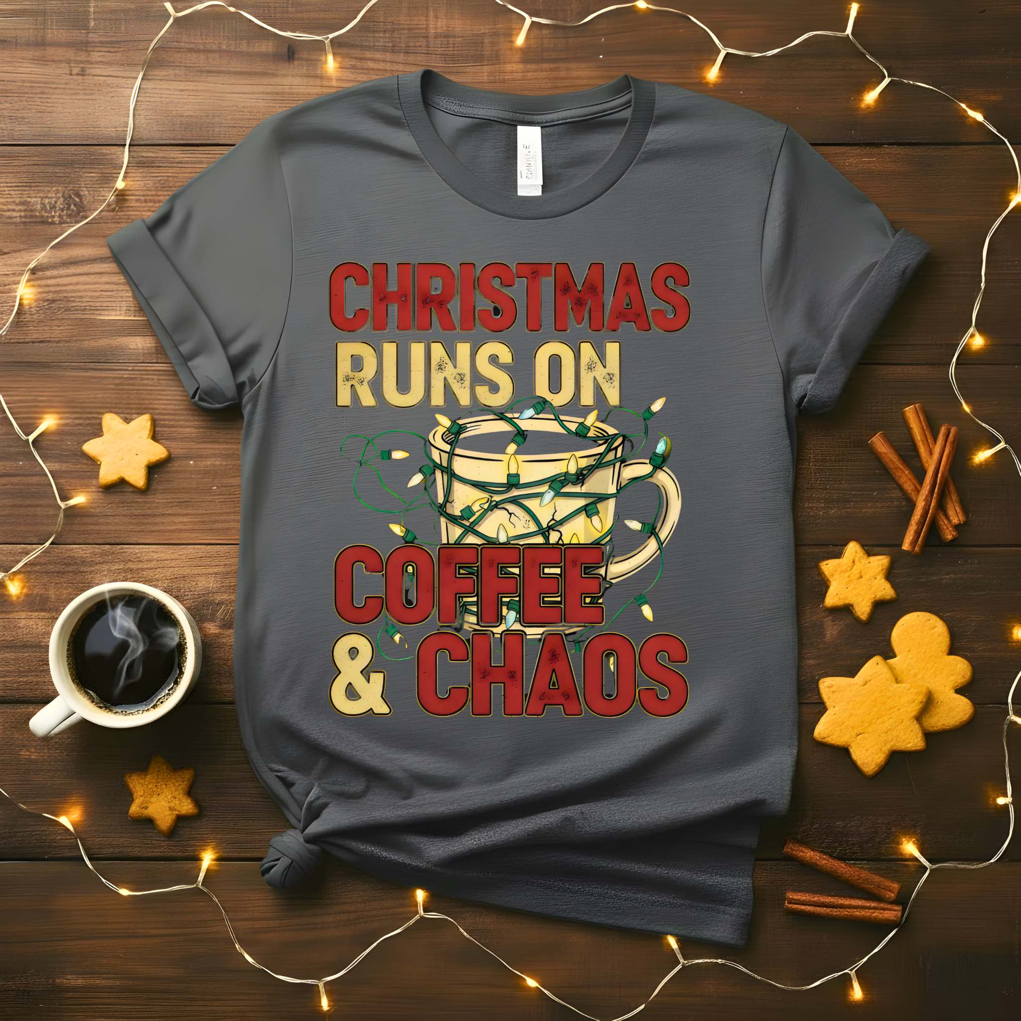 Christmas Runs on Coffee &amp; Chaos Meme Funny Tee – funny holiday t-shirt with festive coffee humor and chaotic meme design”