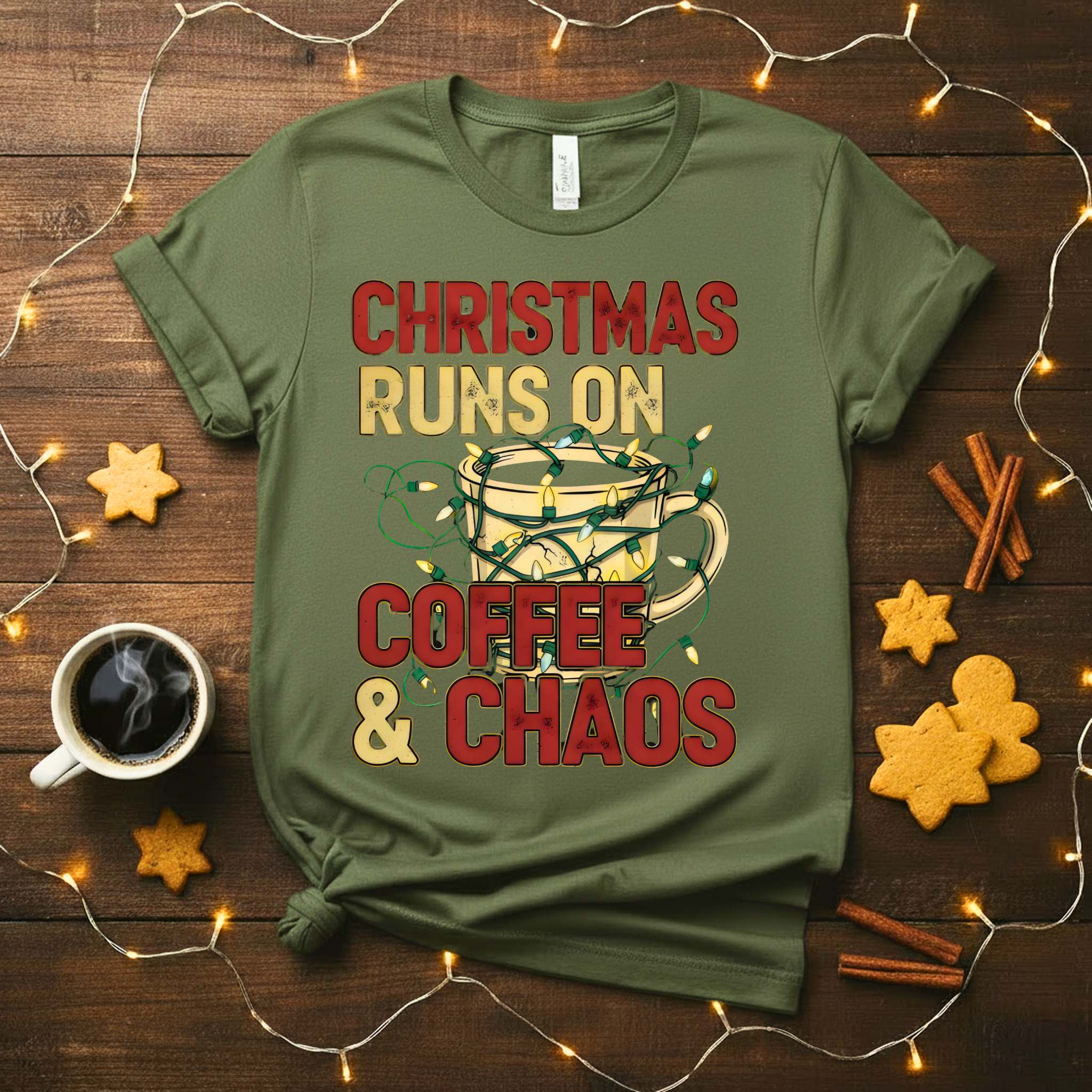 Christmas Runs on Coffee &amp; Chaos Meme Funny Tee – funny holiday t-shirt with festive coffee humor and chaotic meme design”