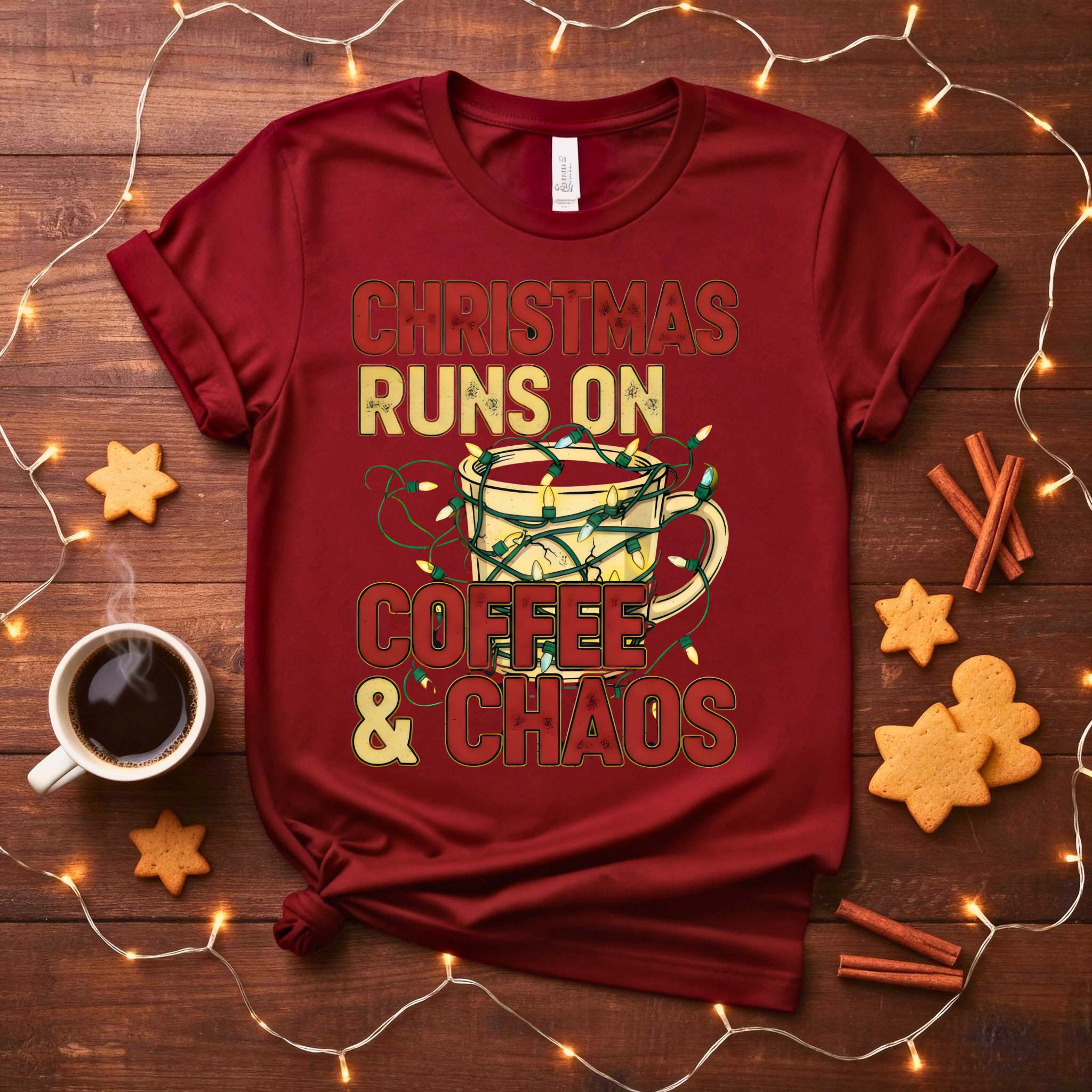 Christmas Runs on Coffee &amp; Chaos Meme Funny Tee – funny holiday t-shirt with festive coffee humor and chaotic meme design”
